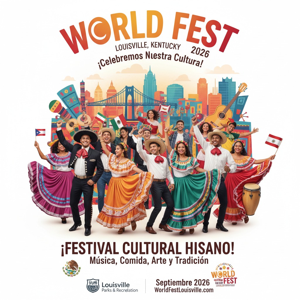 Un grupo de bailarines con trajes tradicionales latinoamericanos celebra el World Fest 2026 frente a una ilustración del horizonte de Louisville.